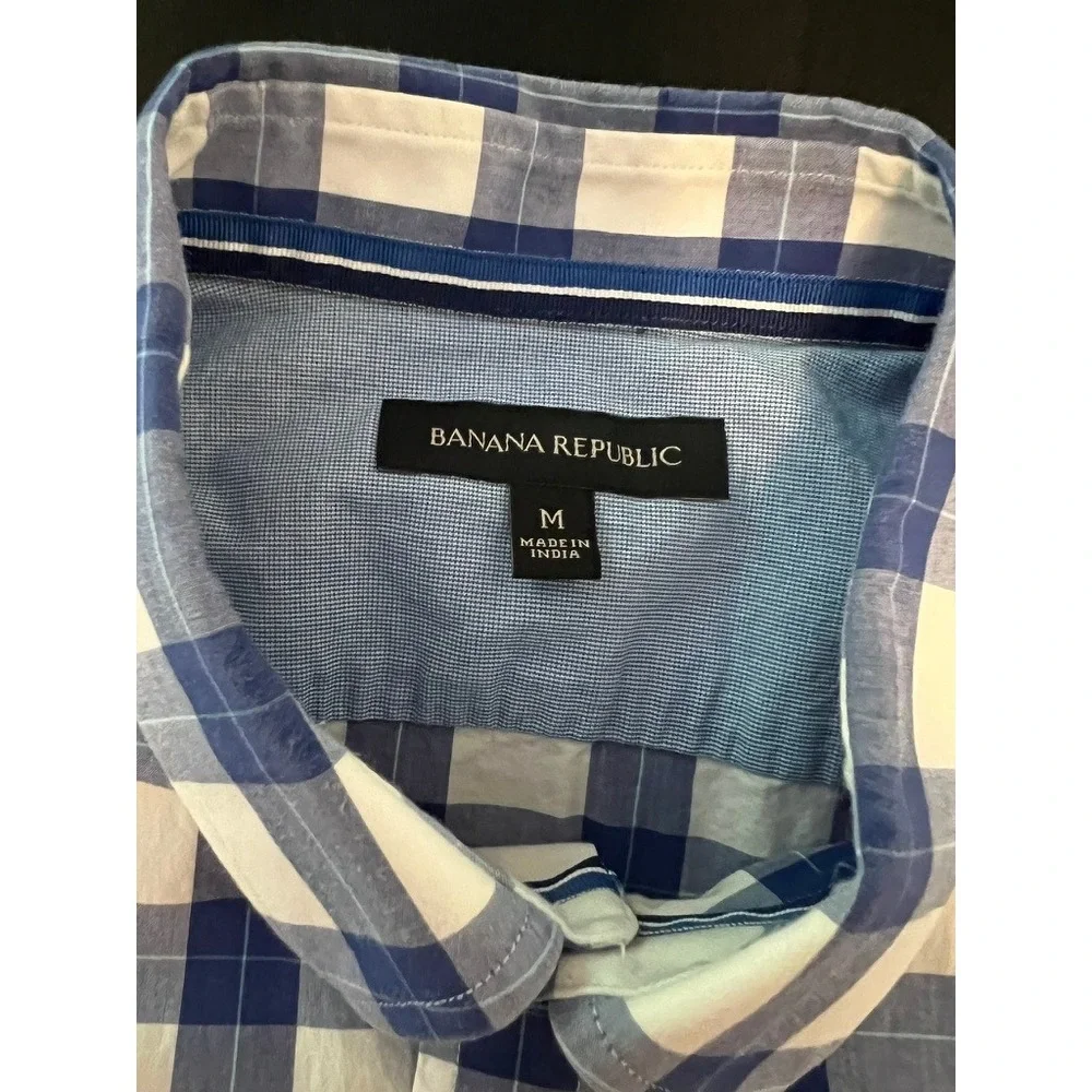 Banana Republic Mens Blue White Gingham Short Sleeve Button Down Shirt‎ Size M